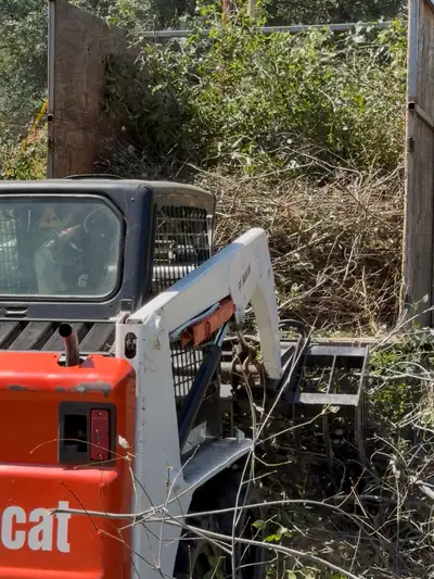 A Bobcat skid steer with a grapple beside a tall wood-sided trailer heaped with cut brush